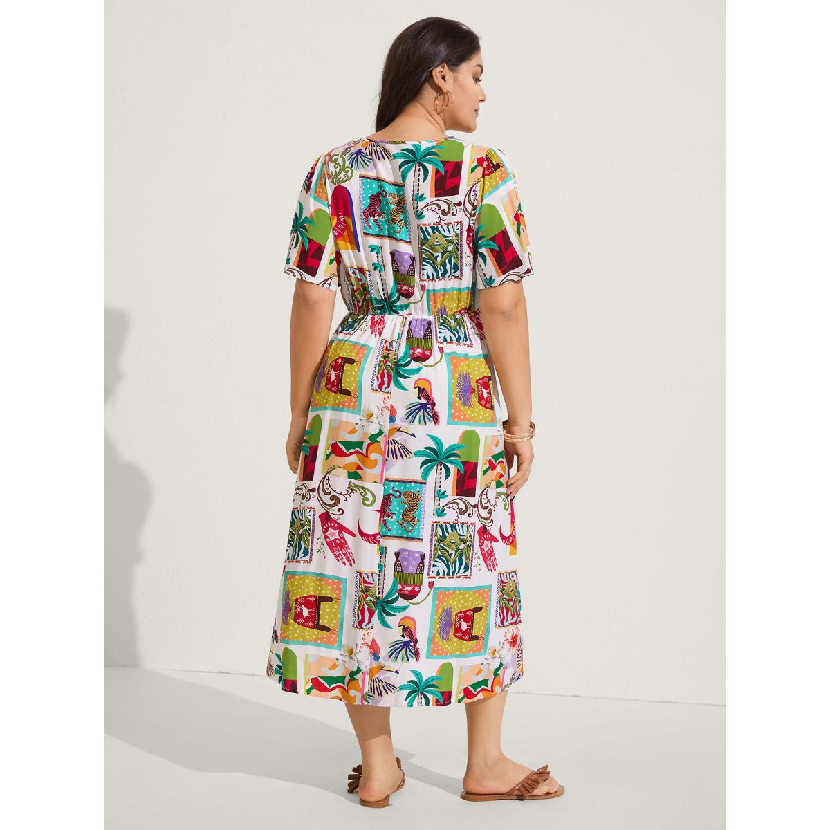 Plus Size Tropical Collage Print Pockets Midi Dress Multicolor Women V-neck Short sleeve Curvy BloomChic 12/L Product Image
