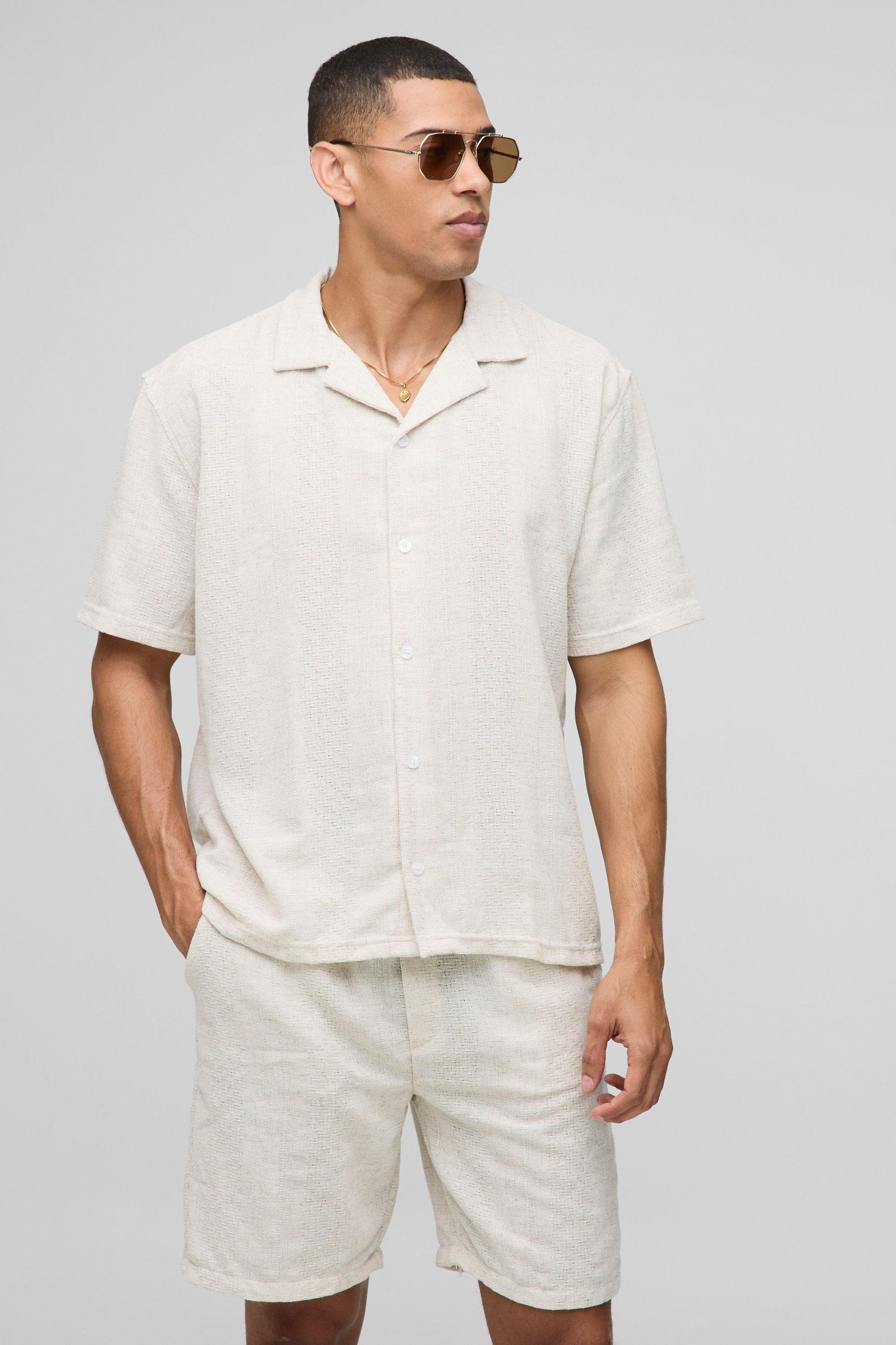 Oversized Linen Look Textured Revere Shirt & Short Set | boohooMAN USA Product Image