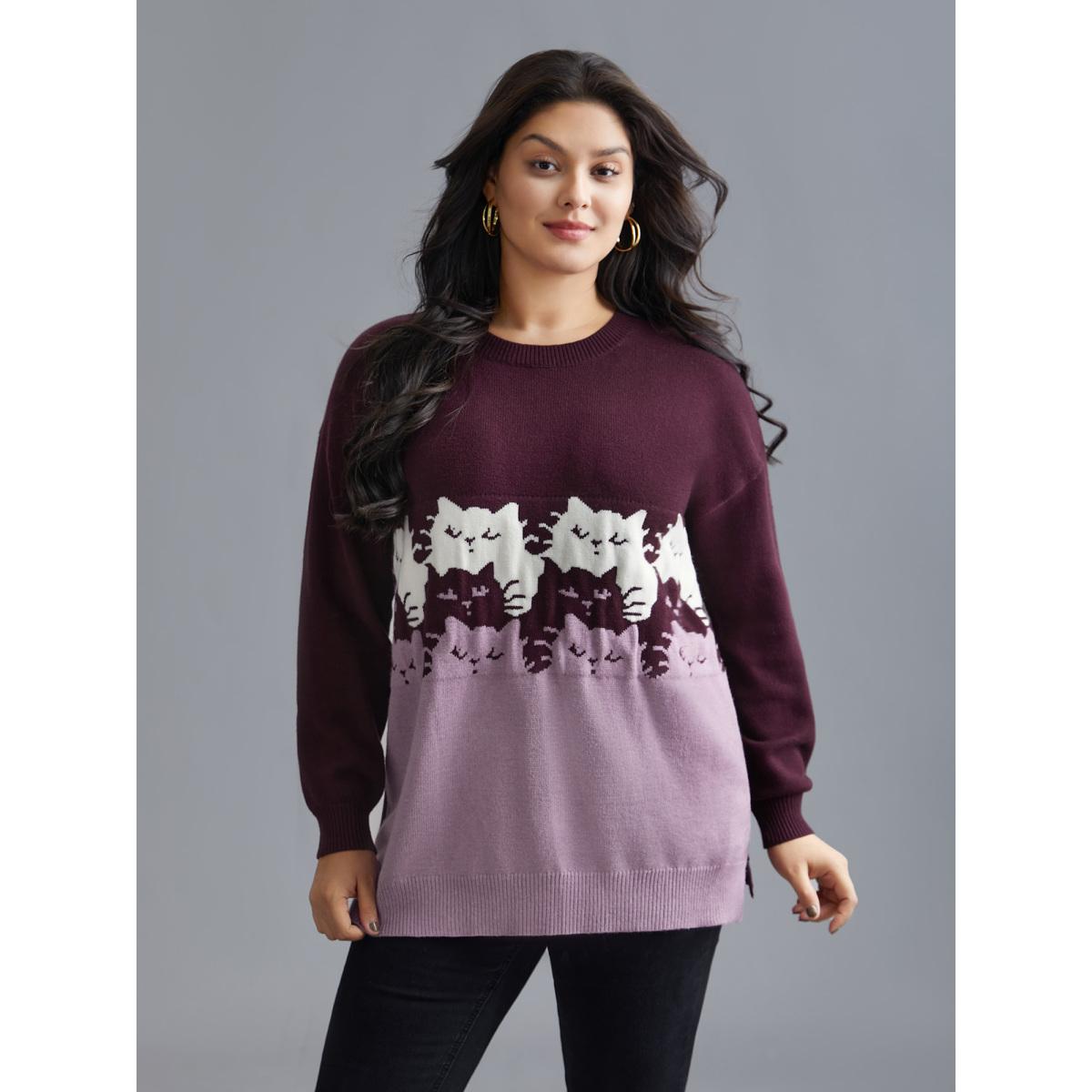 Plus Size Cat Contrast Drop Shoulder Pullover Plum Women Playful Loose Long Sleeve Round Neck Casual Pullovers BloomChic 14-16/1X Product Image