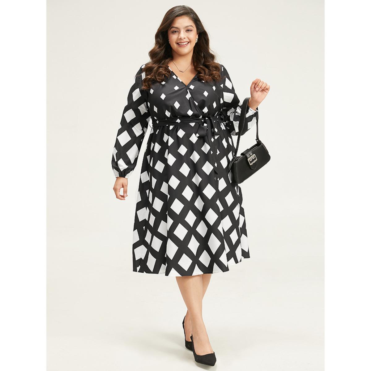Plus Size Geometric Print Belted Lantern Sleeve Dress BlackFlower Women Office Elastic cuffs V-neck Long Sleeve Curvy Midi Dress BloomChic 26/4X Product Image