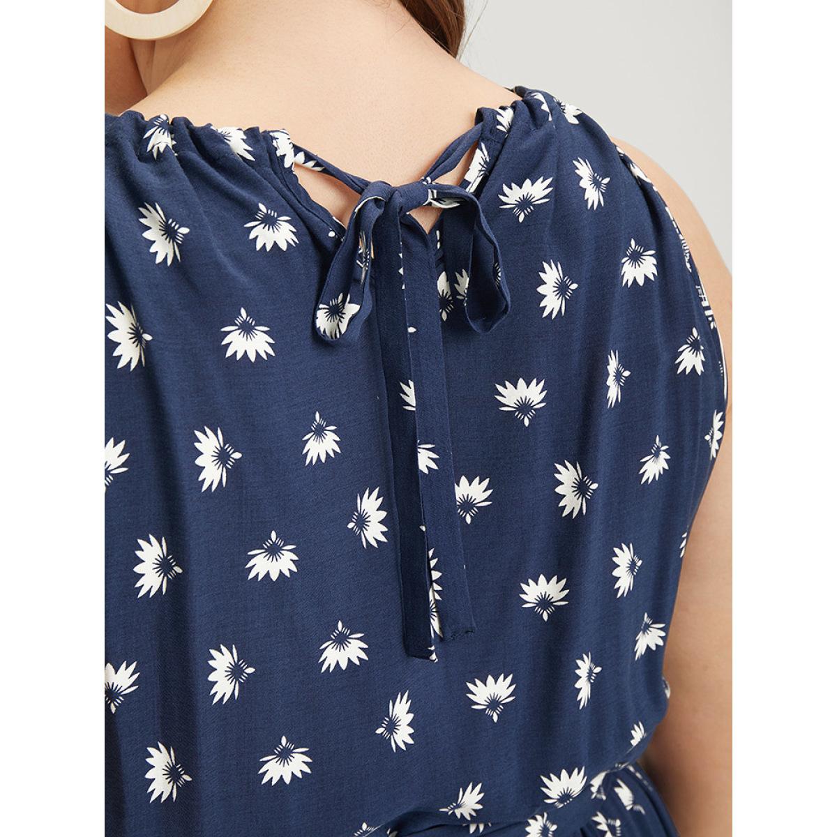 Plus Size Boho Print Knot Halter Pocket Belted Split Dress Indigo Women Vacation Gathered Halter neck Sleeveless Curvy Midi Dress BloomChic 28/5X Product Image