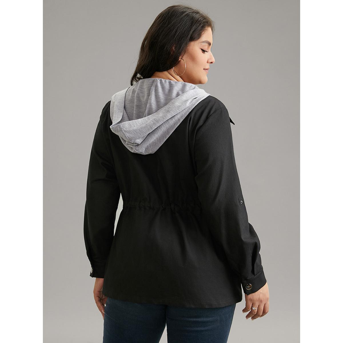 Plus Size Contrast Hooded Drawstring Zipper Button Up Jacket Women Black Contrast Pocket Dailywear Jackets BloomChic 28/5X Product Image