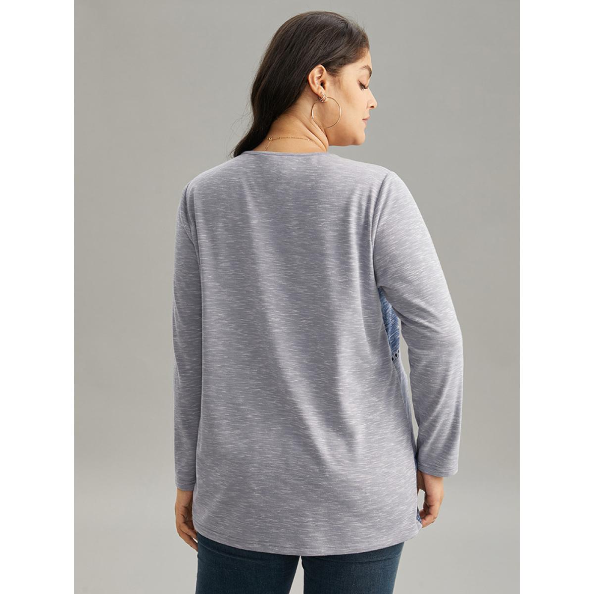 Plus Size Contrast Heather Patchwork Hollow Out Thick T-shirt Multicolor Women Elegant Thick Patchwork V-neck Dailywear T-shirts BloomChic 28/5X Product Image