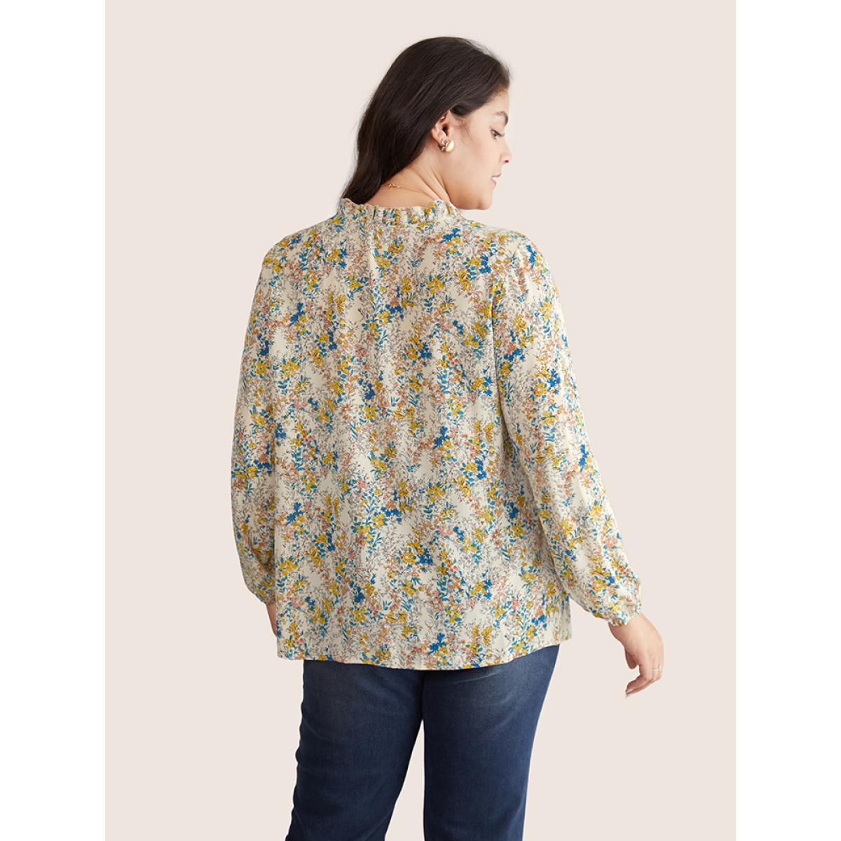 Plus Size Ivory Ditsy Floral Print Notched Lantern Sleeve Blouse Women Elegant Long Sleeve Notched collar Everyday Blouses BloomChic 12/L Product Image