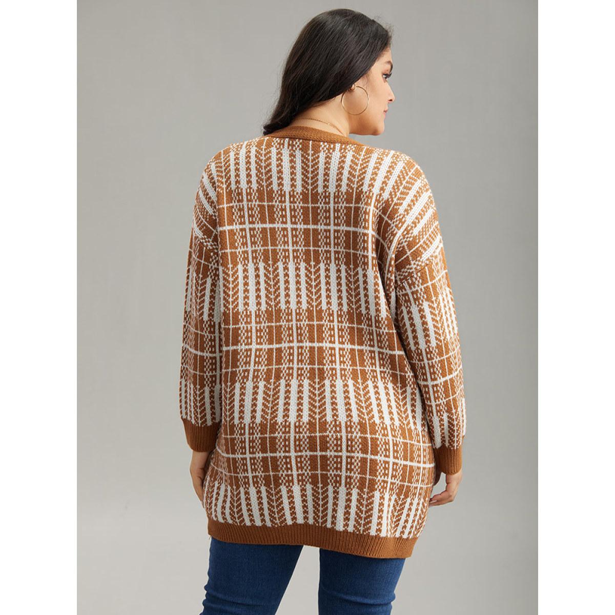 Plus Size Boho Print Contrast Pocket Open Front Cardigan Chocolate Women Casual Loose Long Sleeve Dailywear Cardigans BloomChic 30/6X Product Image