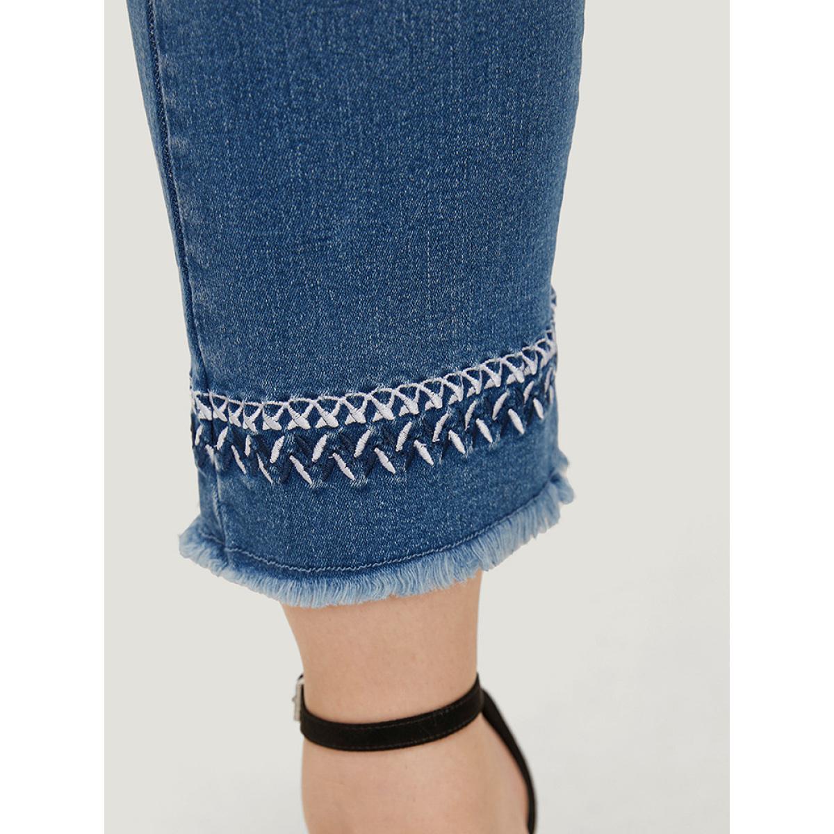Plus Size Very Stretchy Medium Wash Embroidered Raw Hem Jeans Women Blue Elegant Plain Embroidered High stretch Pocket Jeans BloomChic 12/L Product Image