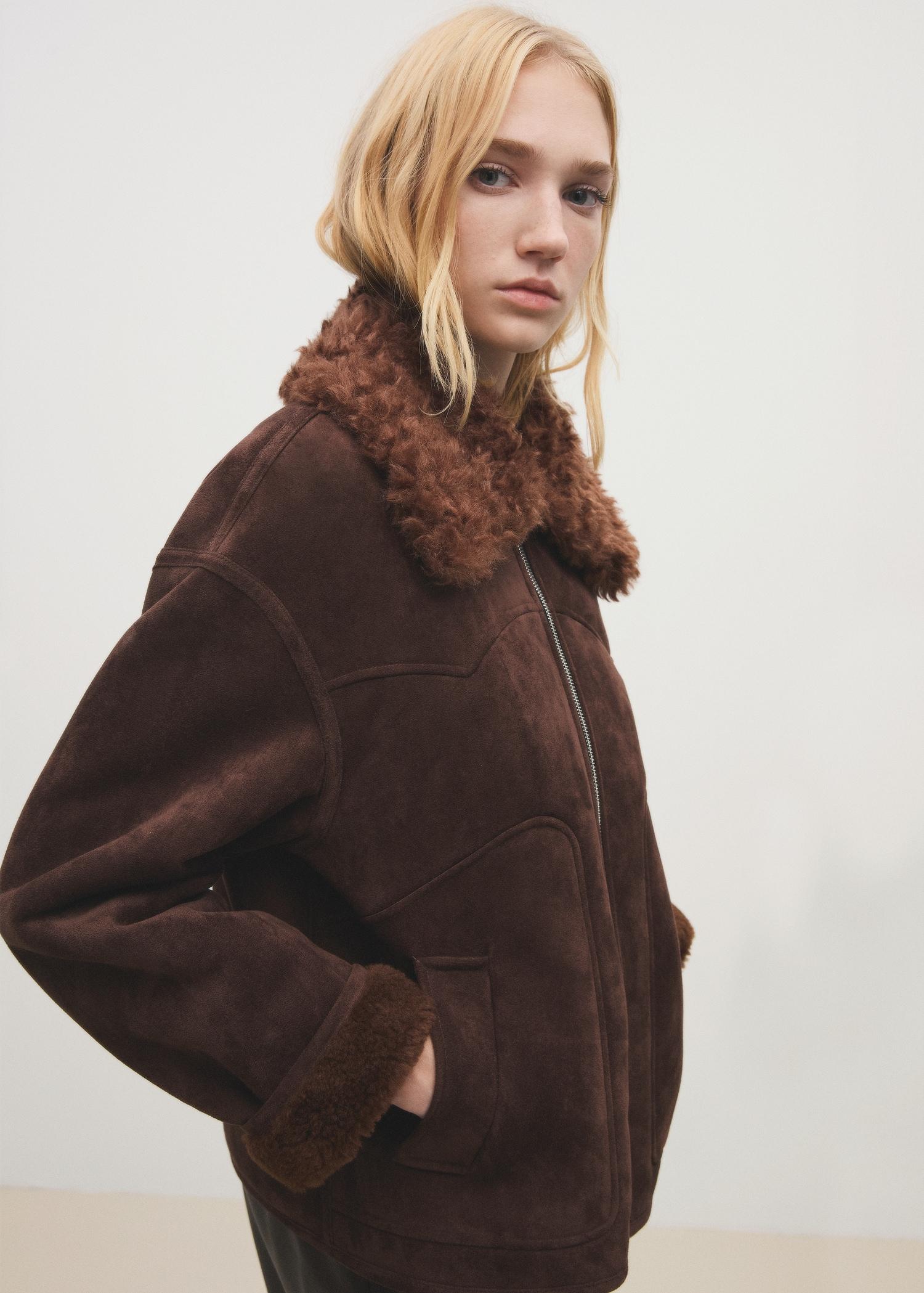 Suede-effect jacket with fleece collar - Women | MANGO USA Product Image