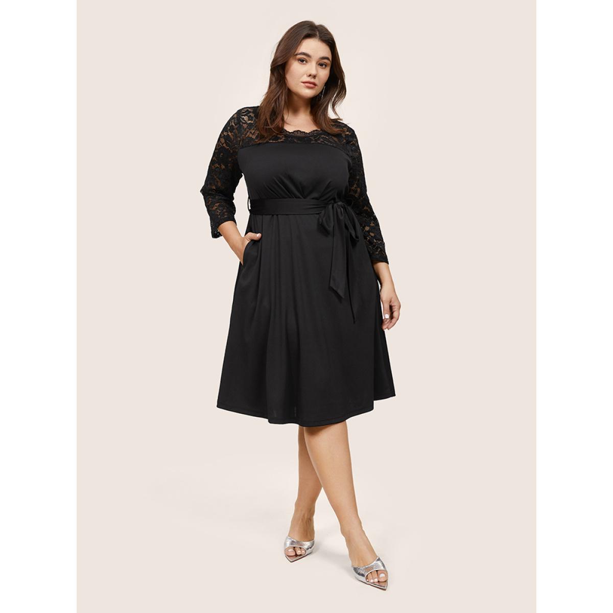 Plus Size Plain Crochet Lace Mesh Pocket Belted Dress Black Women Cocktail See through Round Neck Long Sleeve Curvy Midi Dress BloomChic 14-16/1X Product Image