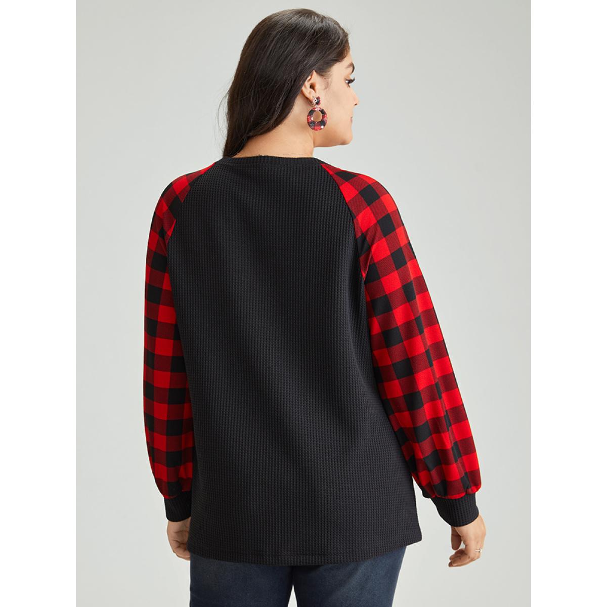 Plus Size Waffle Knit Plaid Patchwork Raglan Sleeve T-shirt Black Women Casual Waffle Knit Plaid V-neck Festival-Christmas T-shirts BloomChic 12/L Product Image