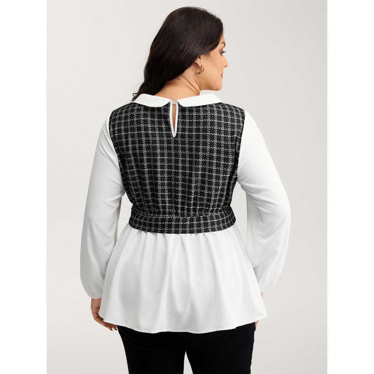Plus Size Ivory Houndstooth Pattern Color Contrast Blouse Women Timeless Long Sleeve Lapel Collar Elegant Blouses BloomChic 18-20/2X Product Image