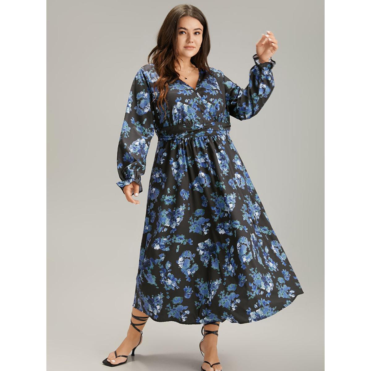 Plus Size Silhouette Floral Print Wrap Pocket Dress Black Women Elegant Gathered V-neck Long Sleeve Curvy Midi Dress BloomChic 12/L Product Image