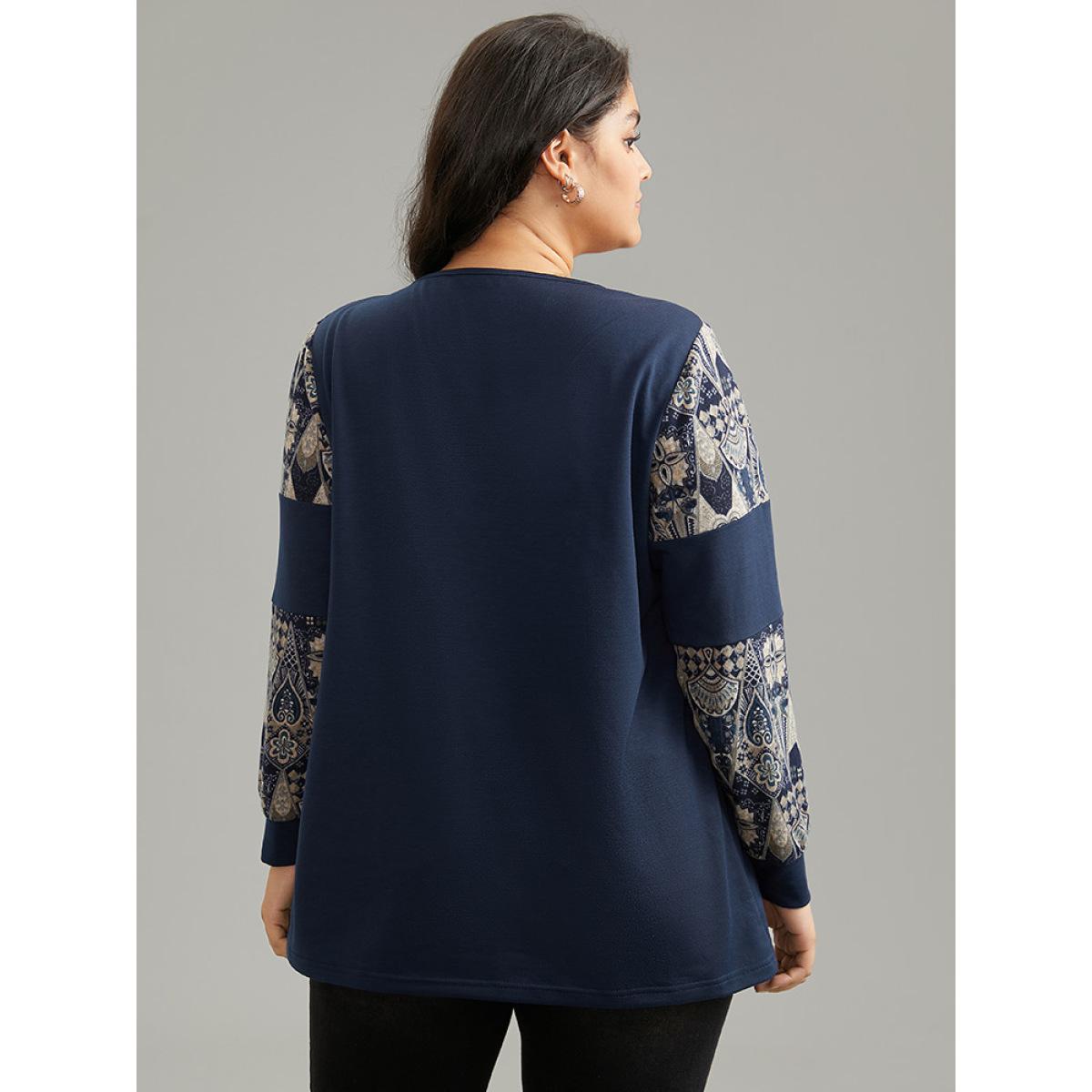 Plus Size Boho Print Patchwork Round Neck Sweatshirt Women DarkBlue Casual Printed Round Neck Dailywear Sweatshirts BloomChic 14-16/1X Product Image