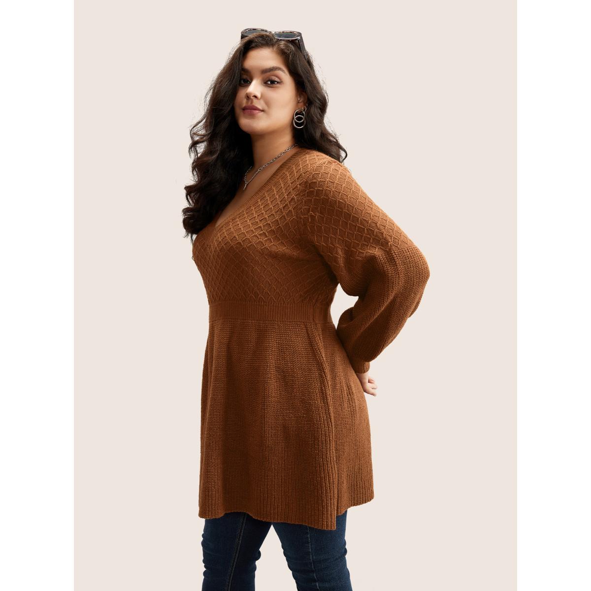 Plus Size Plain Plisse Lantern Sleeve A Line Pullover Chocolate Women Elegant Long Sleeve V-neck Everyday Pullovers BloomChic 30/6X Product Image