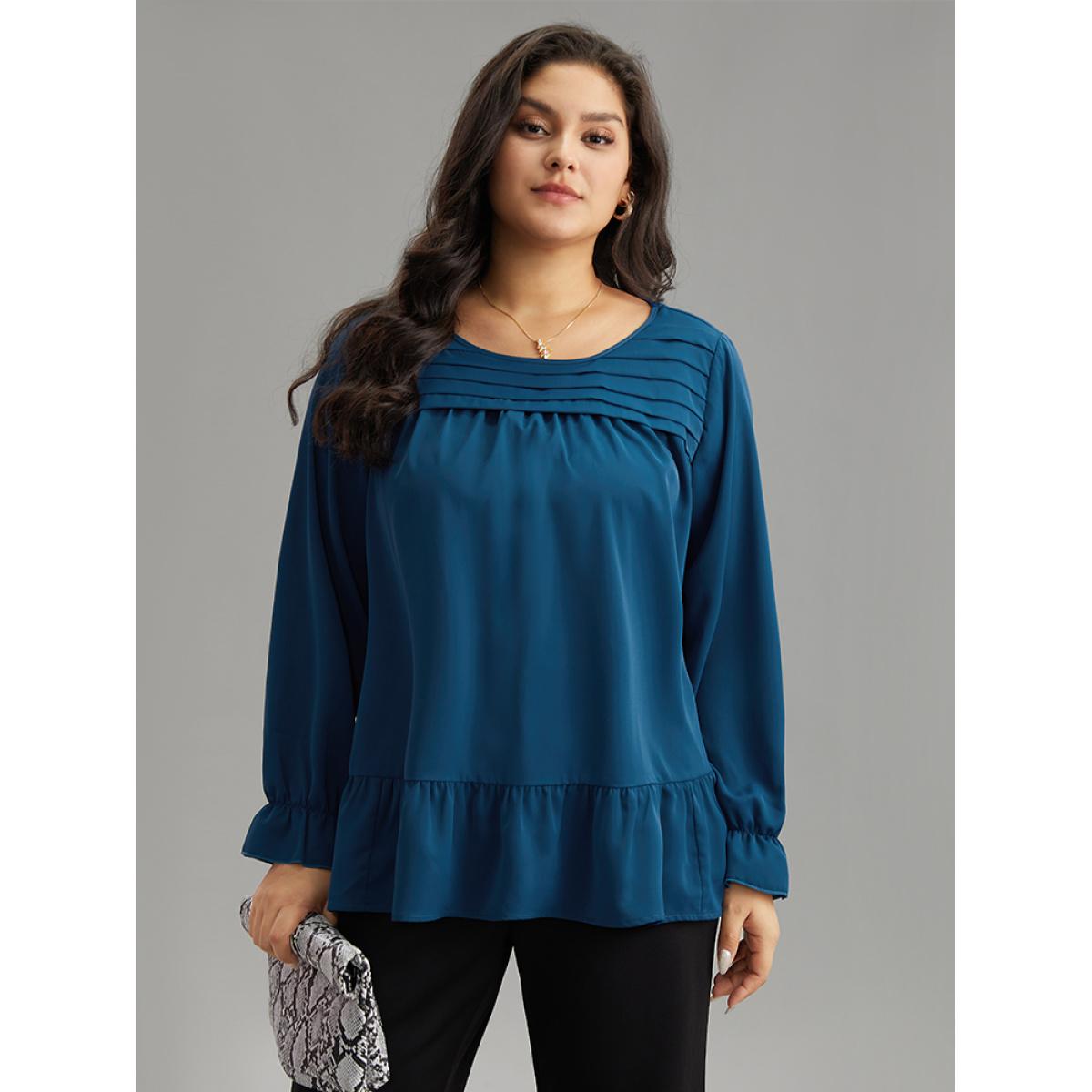 Plus Size Aegean Static-Free Plain Pleated Ruffles Lantern Sleeve Blouse Women Office Long Sleeve Round Neck Work Blouses BloomChic 30/6X Product Image