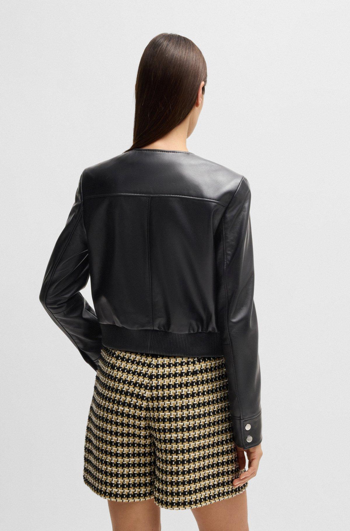 Collarless leather jacket with zip closure Product Image