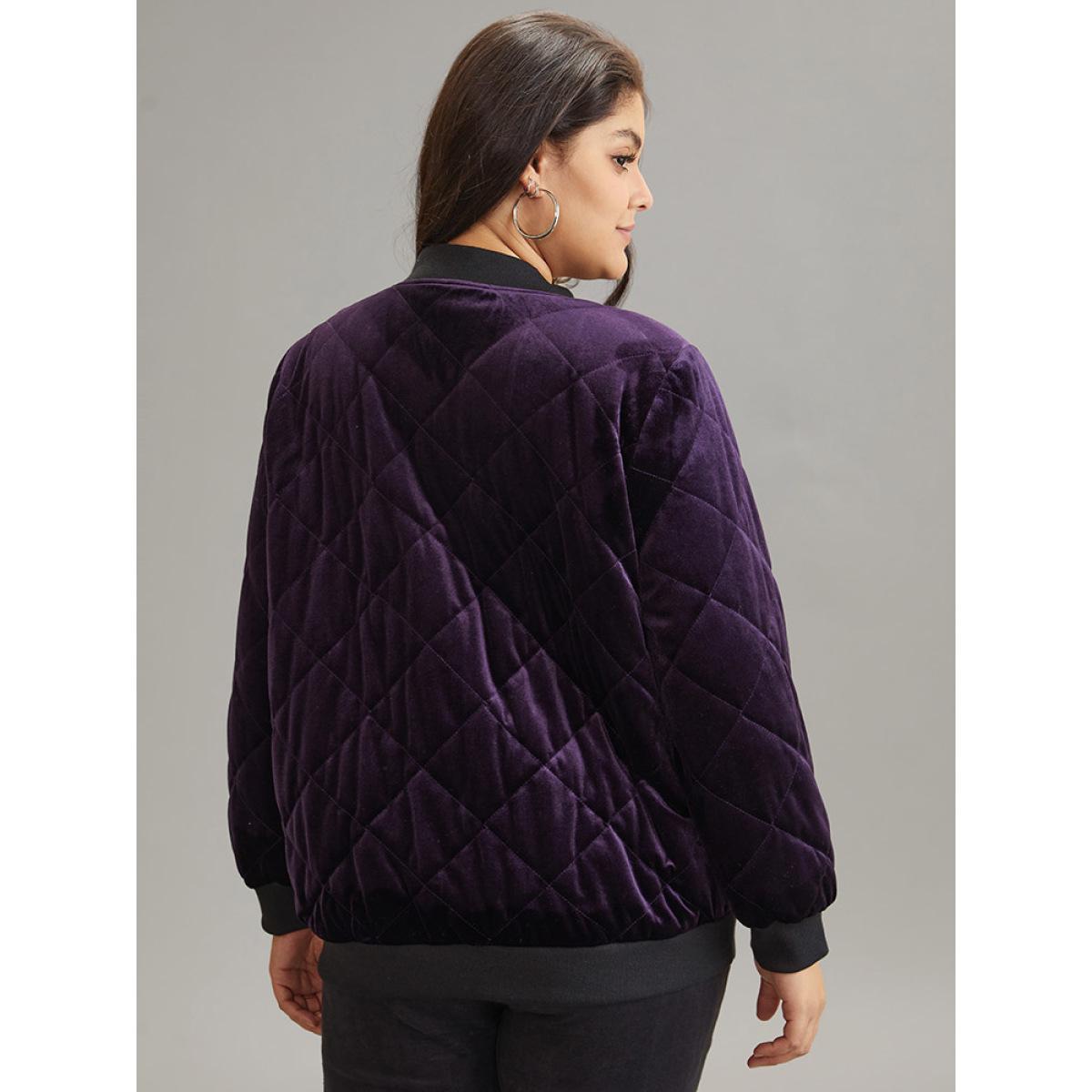 Plus Size Velvet Zipper Fly Pocket Quilted Padded Jacket Women Eggplant Velvet Pocket Dailywear Jackets BloomChic 18-20/2X Product Image