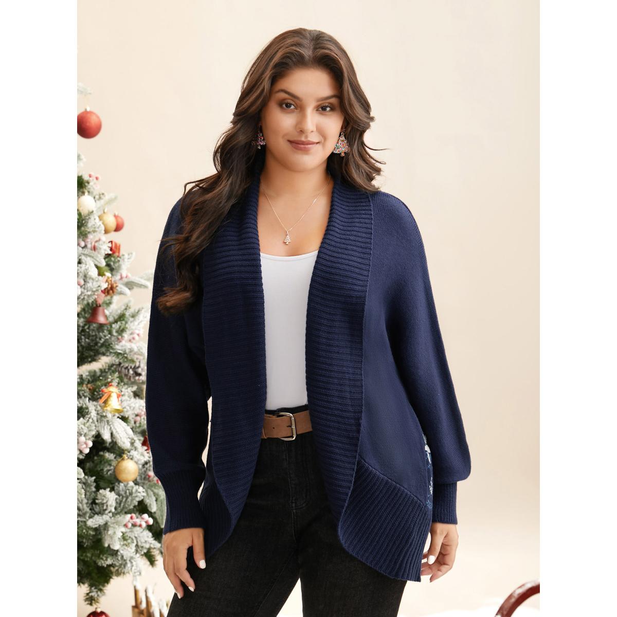 Plus Size Winter Wonderland Shawl Collar Open Cardigan Indigo Women Casual Loose Long Sleeve Everyday Cardigans BloomChic 12/L Product Image