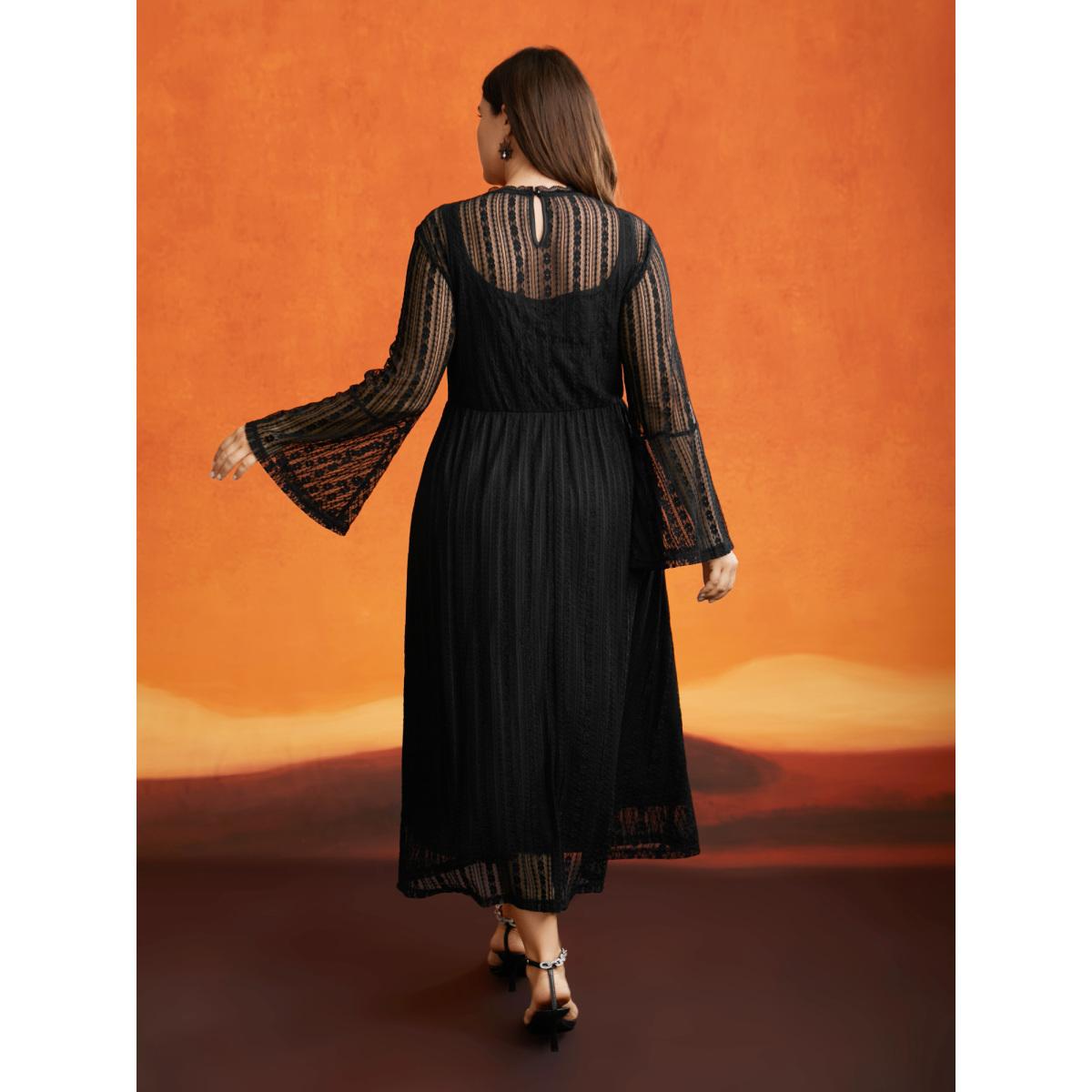 Plus Size Spellbound Halter Neck Sheer Midi Dress Black Women Cocktail Woven ribbon&lace trim Party Curvy Bloomchic 26/4X Product Image