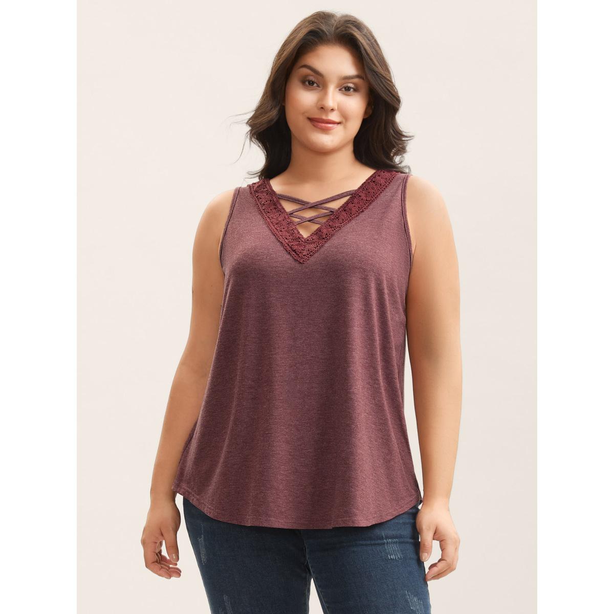 Plus Size Neck Tie-Up Lace Spliced Tank Top Women Burgundy Woven ribbon&lace trim V-neck Everyday-Casual Tank Tops Camis BloomChic 18-20/2X Product Image
