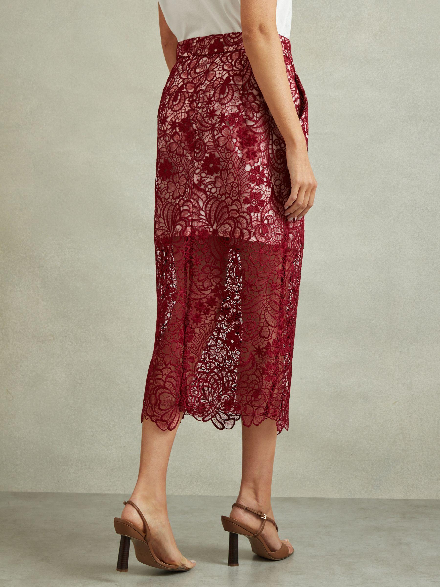Sheer Lace Midi Pencil Skirt in Burgundy Product Image