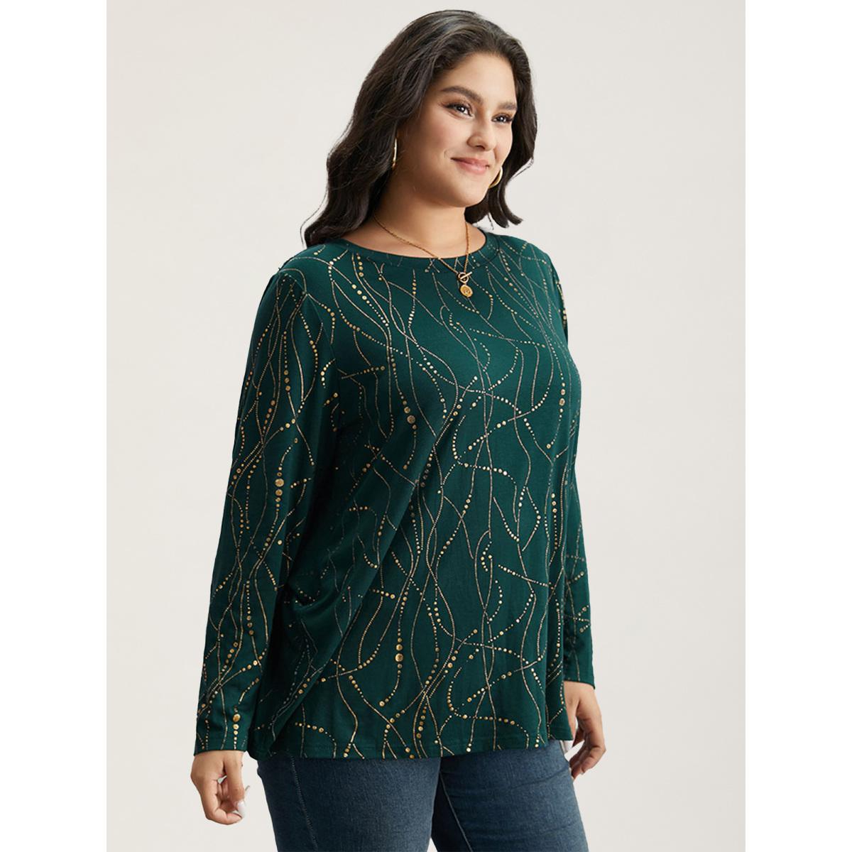 Plus Size Polka Dot Contrast Round Neck T-shirt DarkGreen Women Leisure Contrast Polka Dot Round Neck Casual T-shirts BloomChic 18-20/2X Product Image