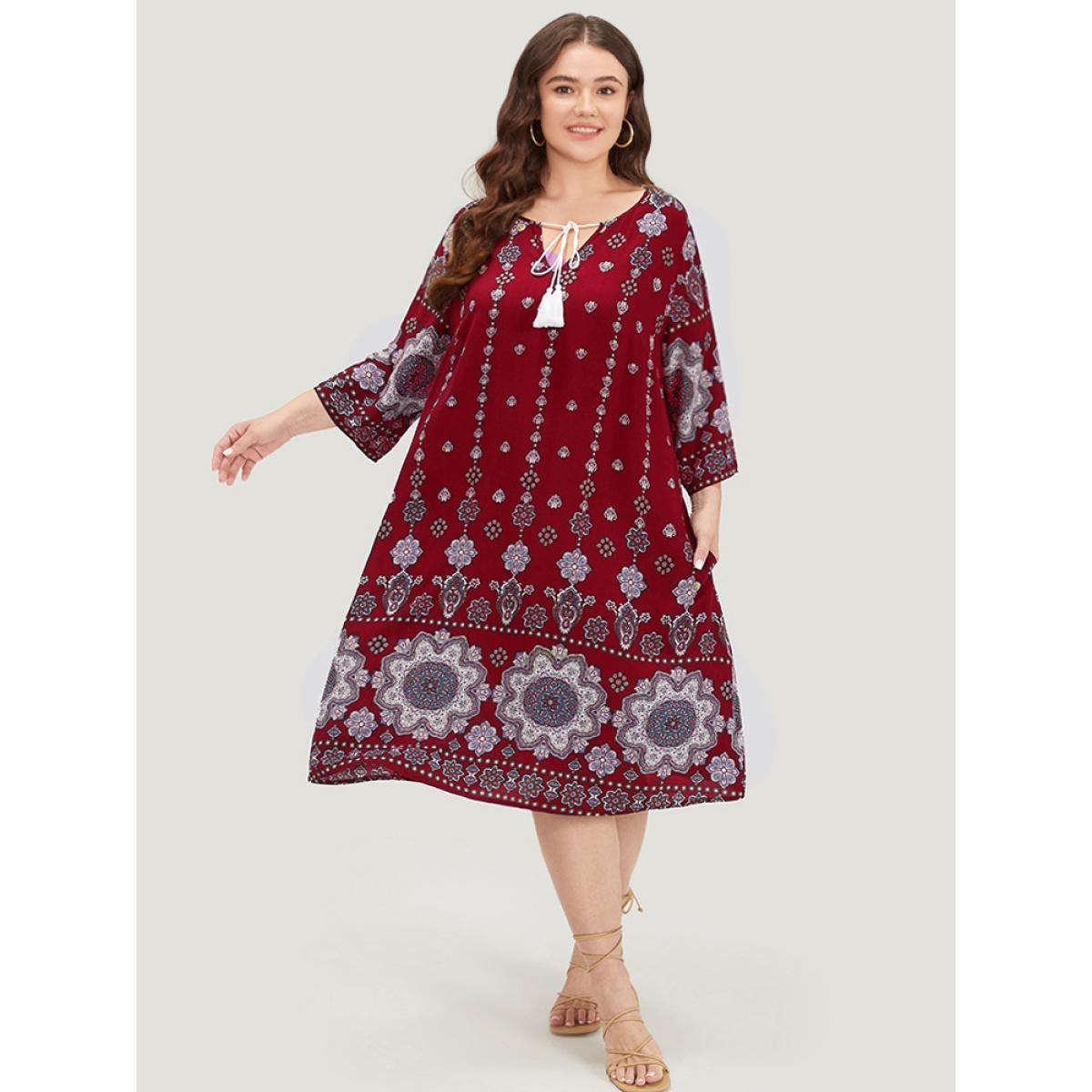 Plus Size Bandana Print Ties Pocket Tassels Detail Dress Scarlet Women Vacation Tassels V-neck Elbow-length sleeve Curvy Midi Dress BloomChic 28/5X Product Image