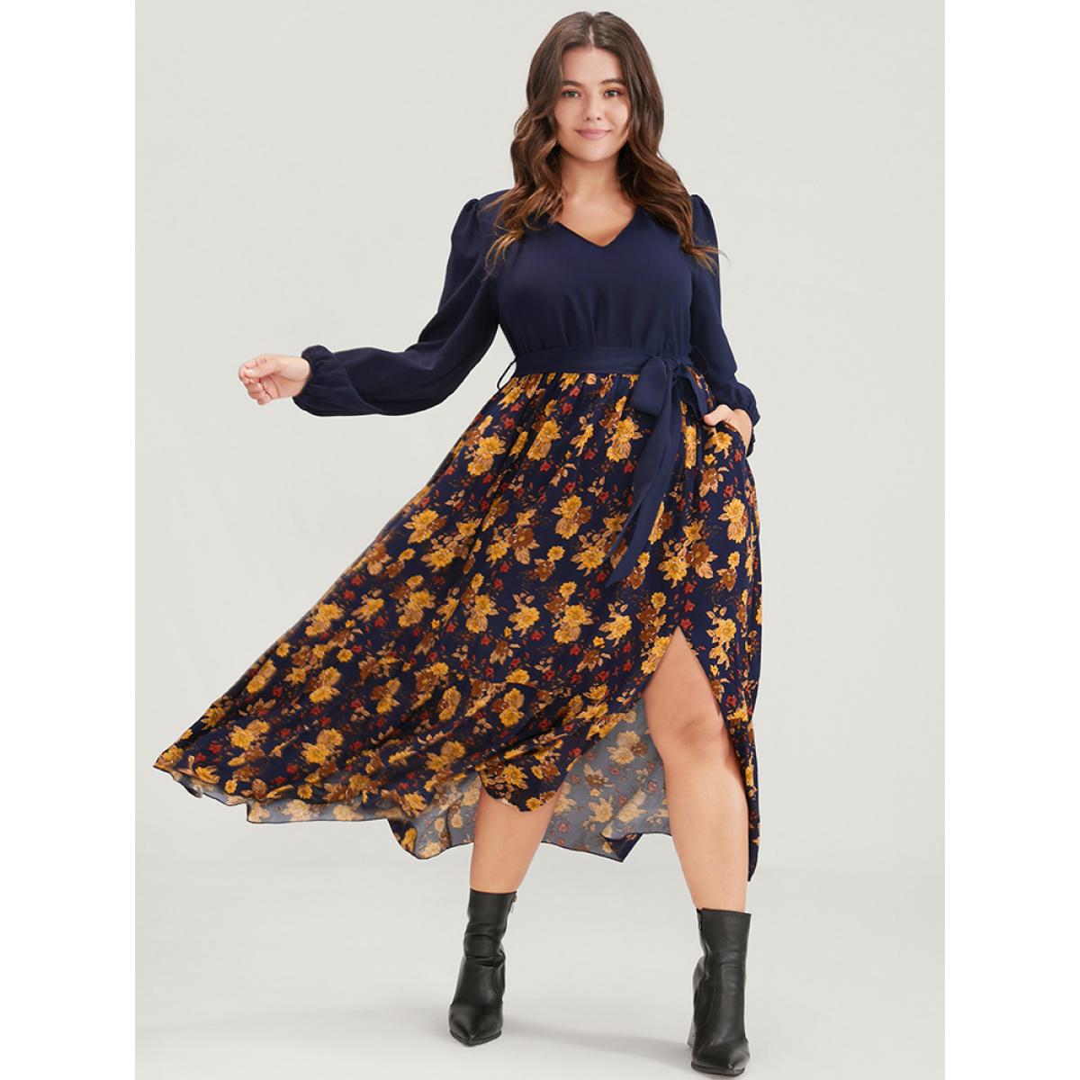 Plus Size Floral Split Lantern Sleeve Pocket Flutter Belted Dress Navy Women Elegant Printed V-neck Long Sleeve Curvy Midi Dress BloomChic 12/L Product Image