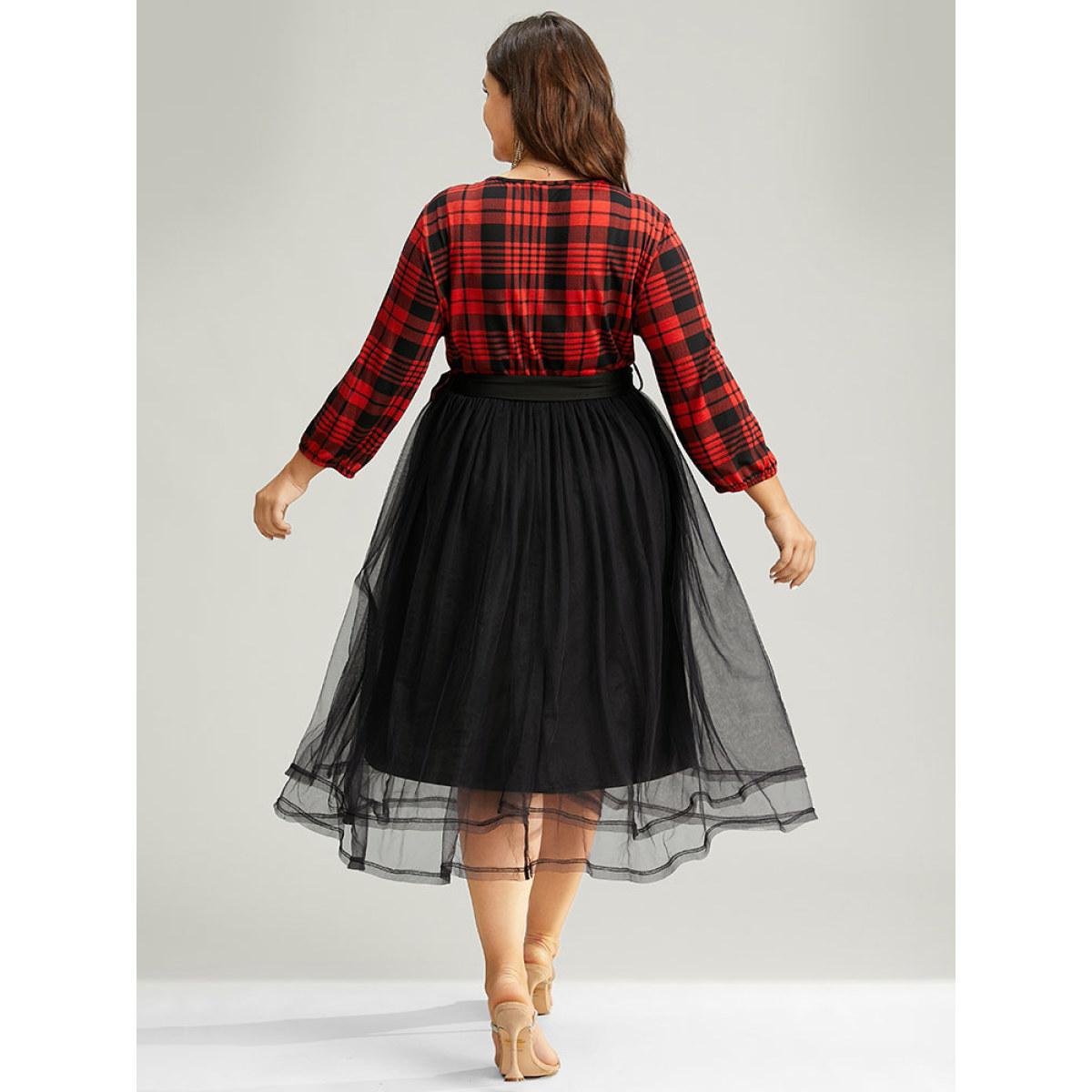 Plus Size Plaid Mesh Patchwork Elastic Waist Belted Dress Raspberry Women Glamour Elastic cuffs V-neck Long Sleeve Curvy Midi Dress BloomChic 12/L Product Image