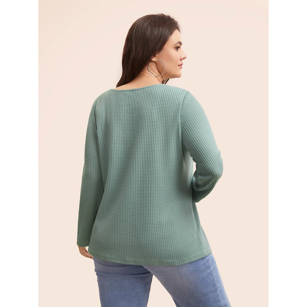 Plus Size Solid Waffle Knit Round Neck T-shirt Teal Women Casual Texture Round Neck Everyday T-shirts BloomChic 26/4X Product Image