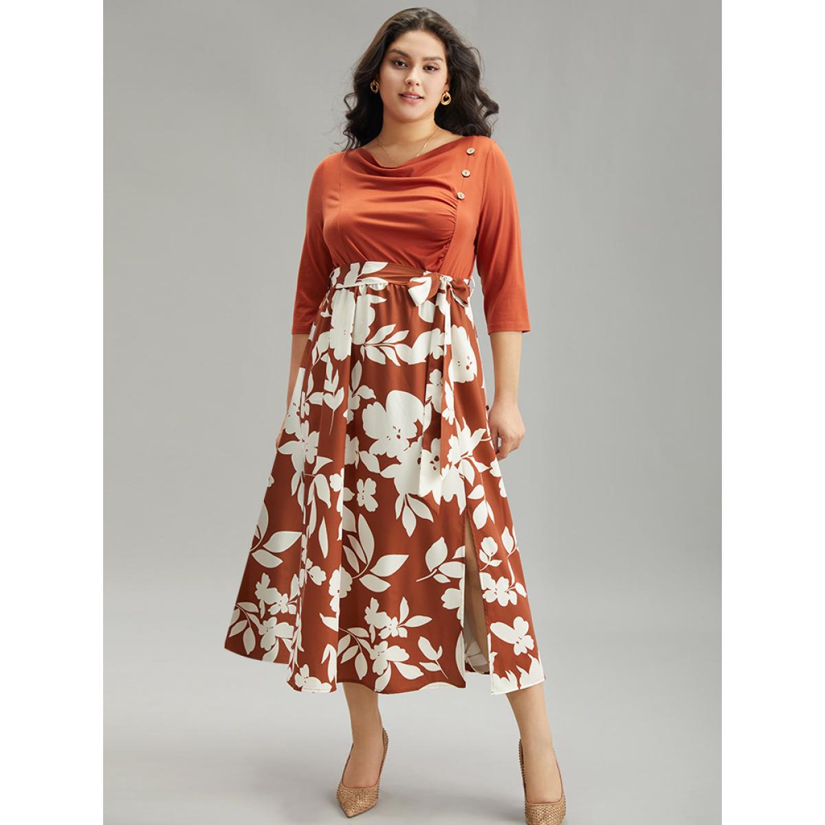 Plus Size Silhouette Floral Print Cowl Neck Belted Split Hem Dress Chocolate Women Office Gathered Cowl Neck Long Sleeve Curvy Midi Dress BloomChic 14-16/1X Product Image