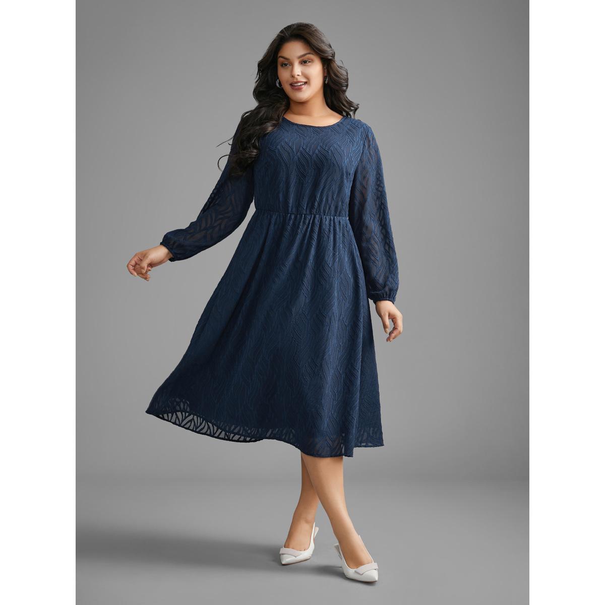 Plus Size Textured Chiffon Lantern Sleeve Midi Dress DarkBlue Women At the Office Texture Round Neck Long Sleeve Curvy BloomChic 30/6X Product Image