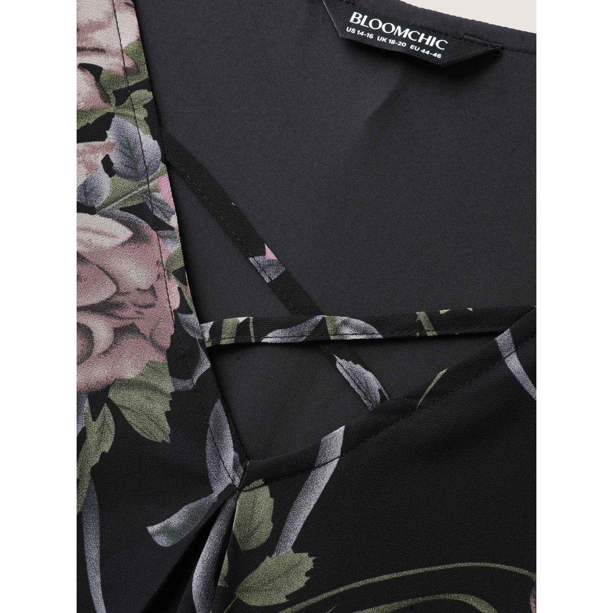 Plus Size Black Chiffon Floral Crisscross Hanky Hem Blouse Women Romantic Short sleeve V-neck Elegant Blouses BloomChic 14-16/1X Product Image
