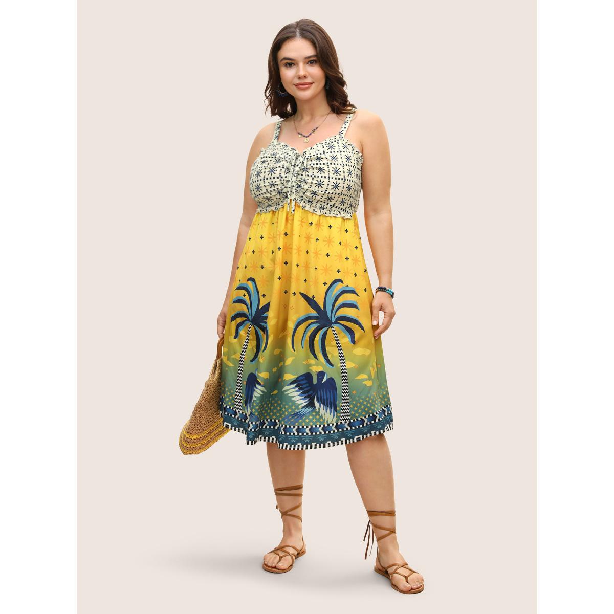 Plus Size Tropical Print Drawstring Frill Trim Dress Lightorange Women Resort Frill Trim Heart neckline Sleeveless Curvy BloomChic 28/5X Product Image