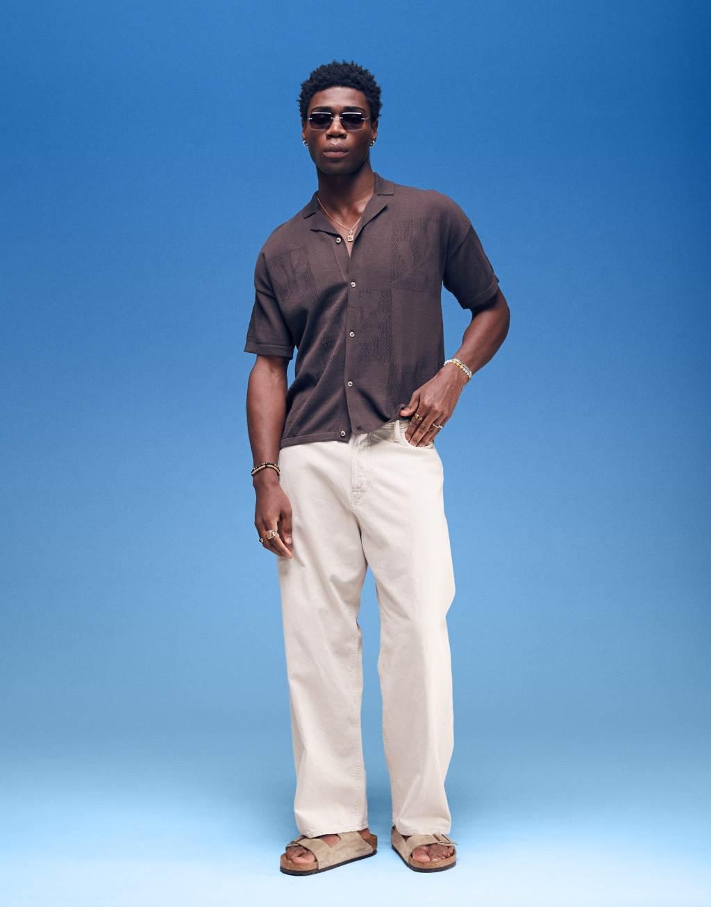 ASOS DESIGN relaxed floral textured button down polo shirt in brown Product Image