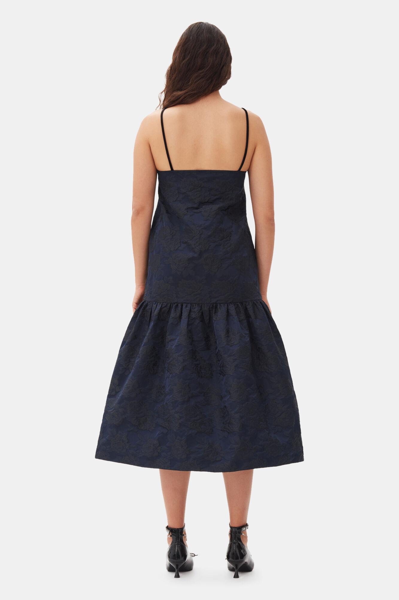 Navy Blue Botanical Jacquard Strap Midi Dress Product Image