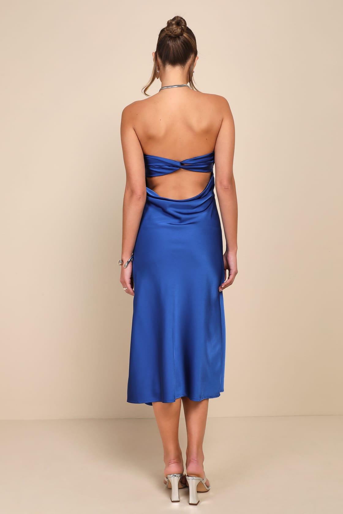 Effortless Bliss Royal Blue Satin Strapless Cowl Back Midi Dress Product Image