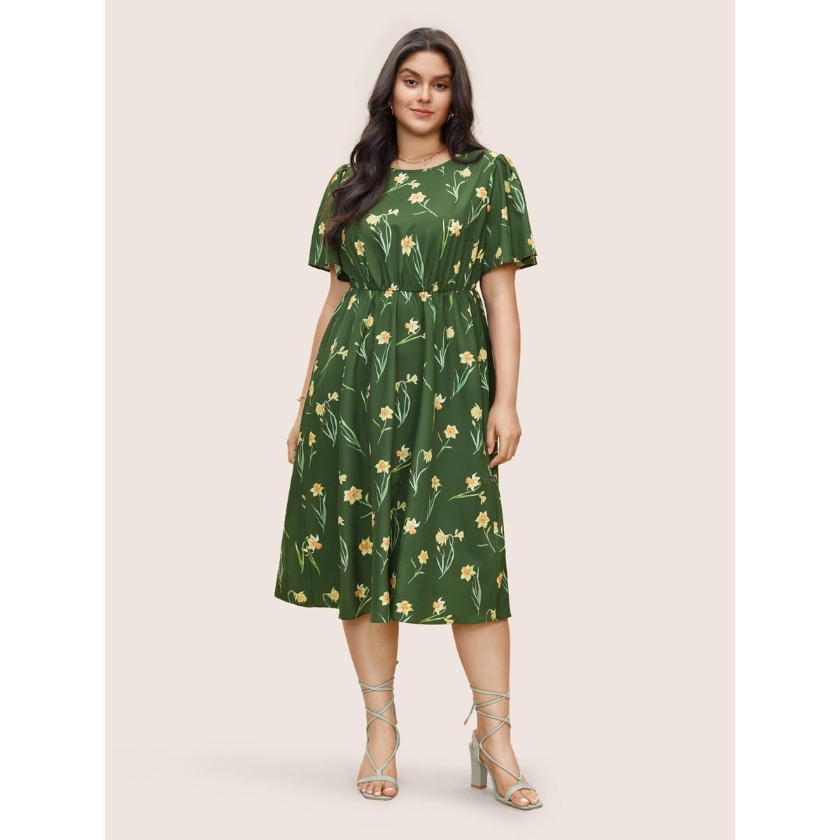 Plus Size Floral Print Gathered Elastic Waist Midi Dress Moss Women Elegant Non Round Neck Short sleeve Curvy Midi Dress BloomChic 10/M Product Image