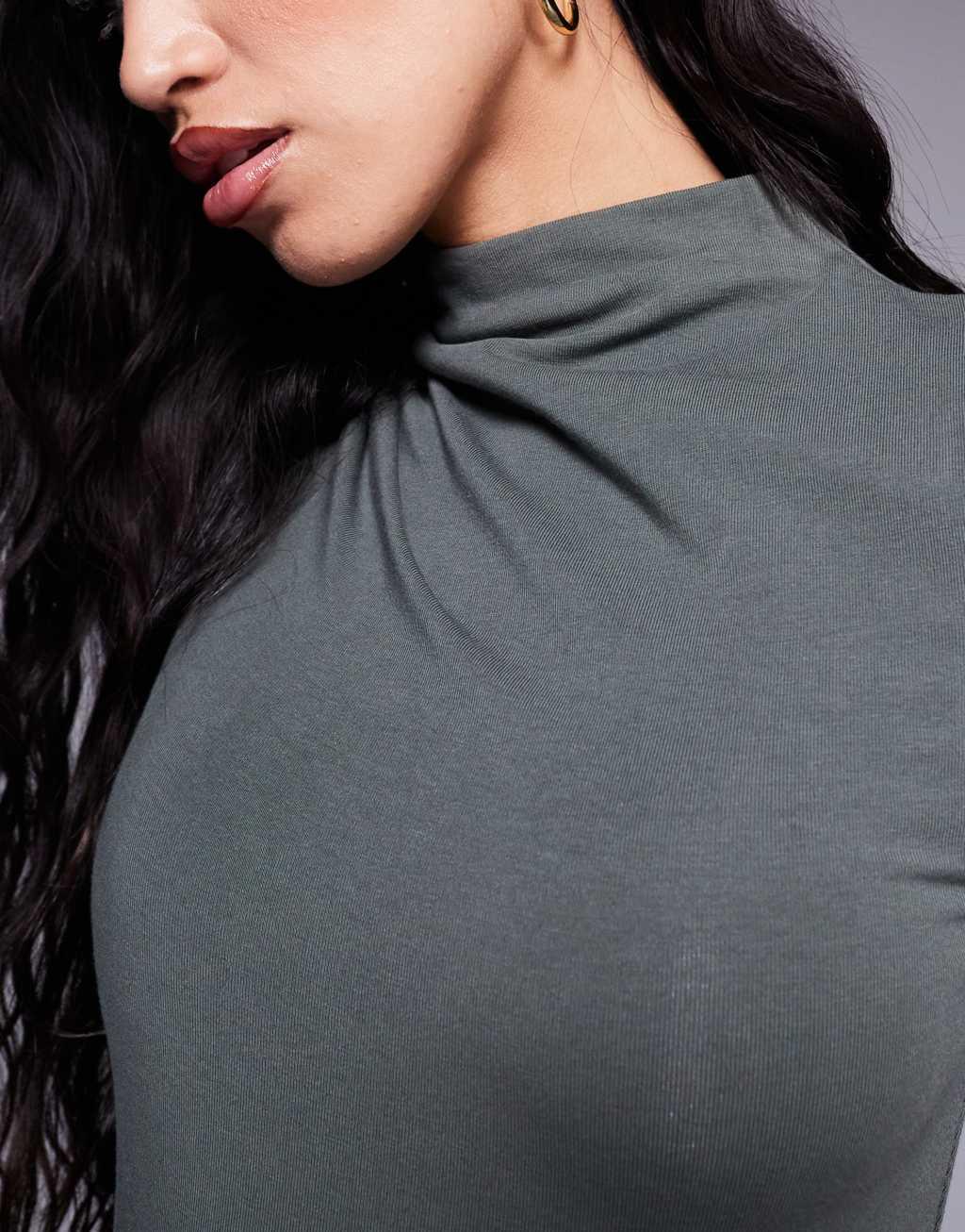 ASOS DESIGN high neck 3/4 sleeve bodysuit in khaki Product Image