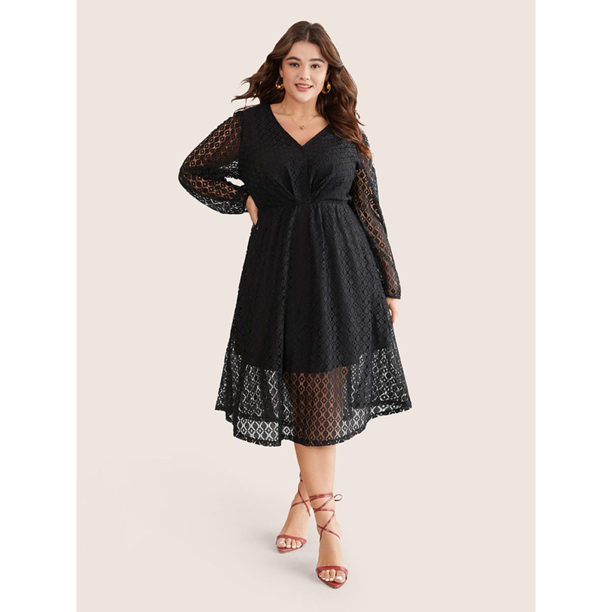 Plus Size Lace Panel Overlap Collar Mesh Dress Black Women Elegant Elastic cuffs Overlap Collar Long Sleeve Curvy Midi Dress BloomChic 28/5X Product Image