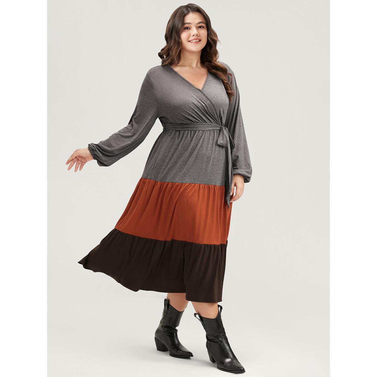 Plus Size Colorblock Contrast Pocket Wrap Belted Ruffle Tiered Dress Multicolor Women Casual Belted V-neck Long Sleeve Curvy Midi Dress BloomChic 10/M Product Image