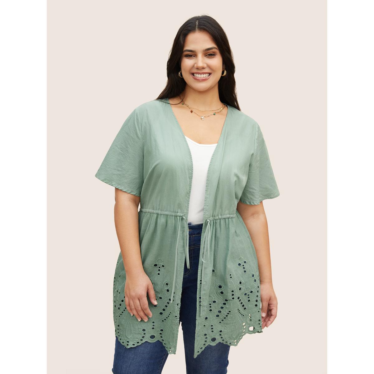 Plus Size Plain Broderie Anglaise Drawstring Kimono Women Mint Resort Embroidered Vacation Kimonos BloomChic 30/6X Product Image
