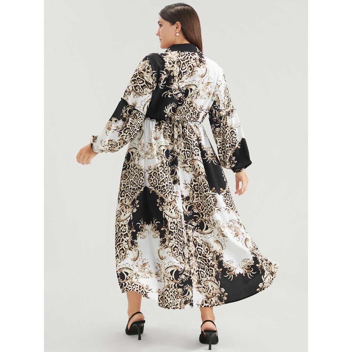 Plus Size Leopard Pocket Button Detail Lantern Sleeve Split Dress Black Women Office Pocket Shirt collar Long Sleeve Curvy Long Dress BloomChic 14-16/1X Product Image