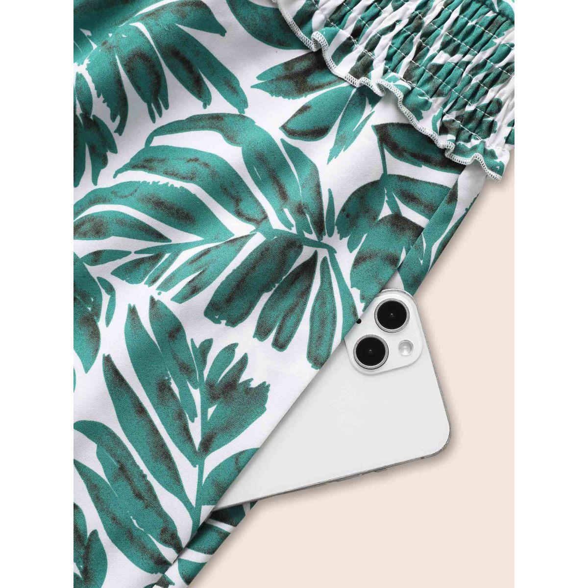 Plus Size Tropical Print Shirred Frill Trim Sleeveless Dress Emerald Women Resort Frill Trim Stand-up collar Sleeveless Curvy BloomChic 30/6X Product Image