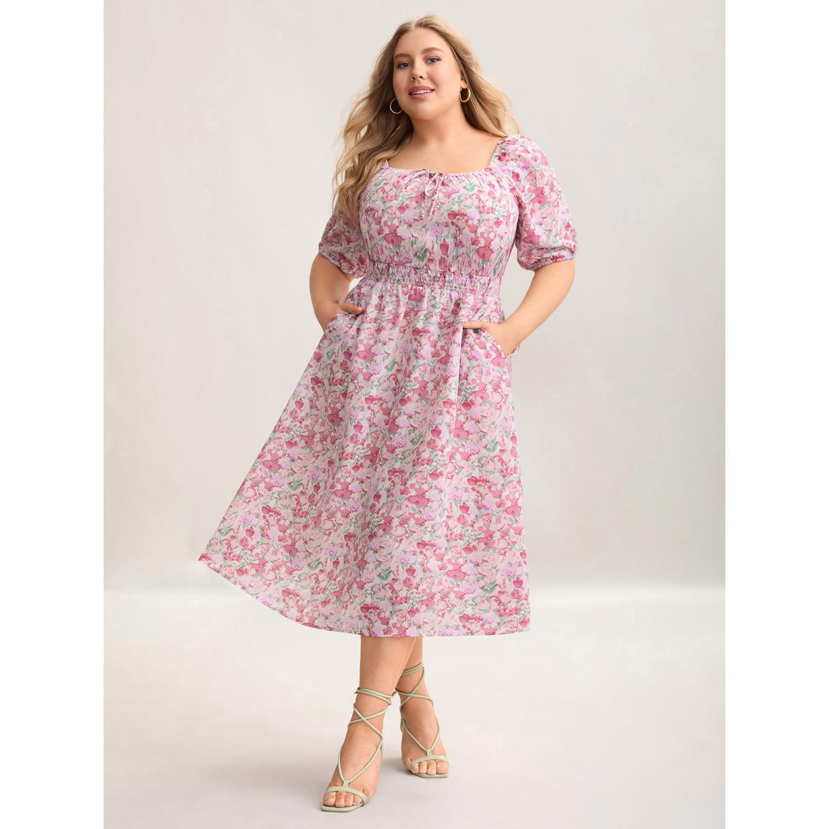 Plus Size Floral Print Shirred Waist Pockets Midi Dress Blush Women Timeless Tie knot Square Neck Half Sleeve Curvy BloomChic 30/6X Product Image