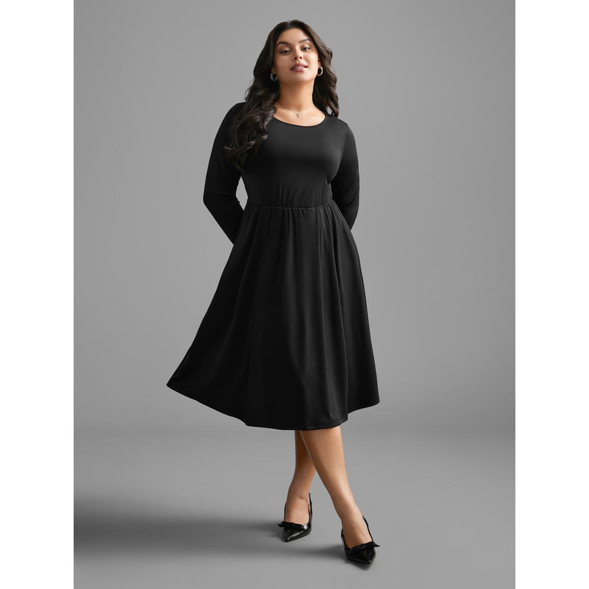 Plus Size Round Neck Elastic Waist Pleated Dress Black Women At the Office Pleated Round Neck Long Sleeve Curvy BloomChic 12/L Product Image