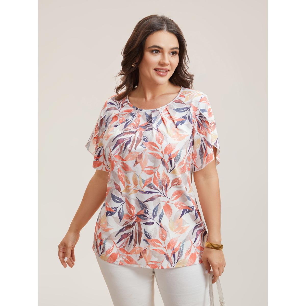 Plus Size Multicolor Floral Petal Sleeve Pleated Shirt Women Office Short sleeve Round Neck Office Blouses BloomChic 26/4X Product Image