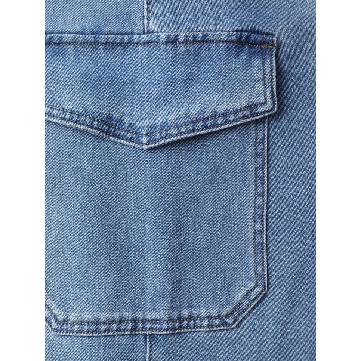 Plus Size Retro Wash Flared Hem Jeans Women Bluevintage Leisure Pocket High stretch Slanted pocket Jeans BloomChic 10/M Product Image