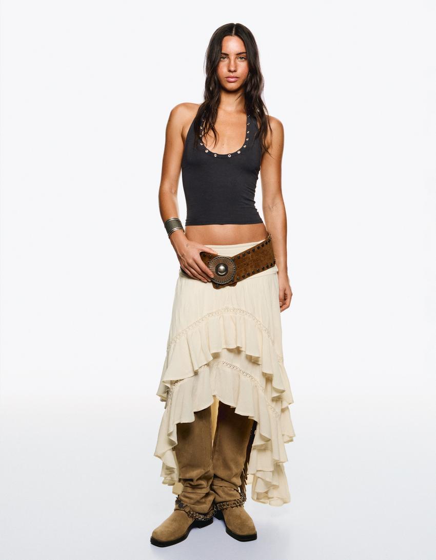 Asymmetric maxi skirt with textured lace trim Product Image