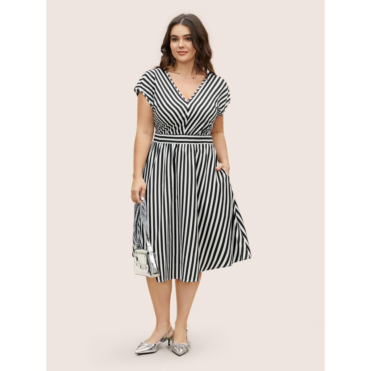 Plus Size Striped Shirred Dolman Sleeve Dress Black Women At the Office V-neck Cap Sleeve Curvy BloomChic 14-16/1X Product Image