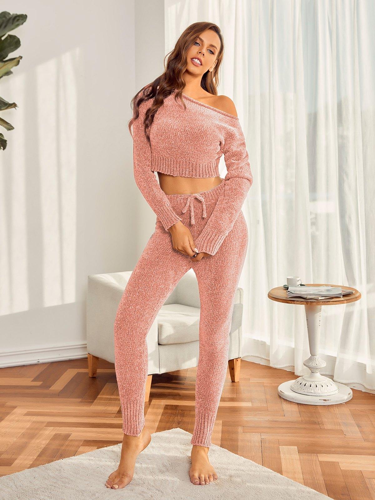 Solid Color Top With Pants Lounge Set Product Image